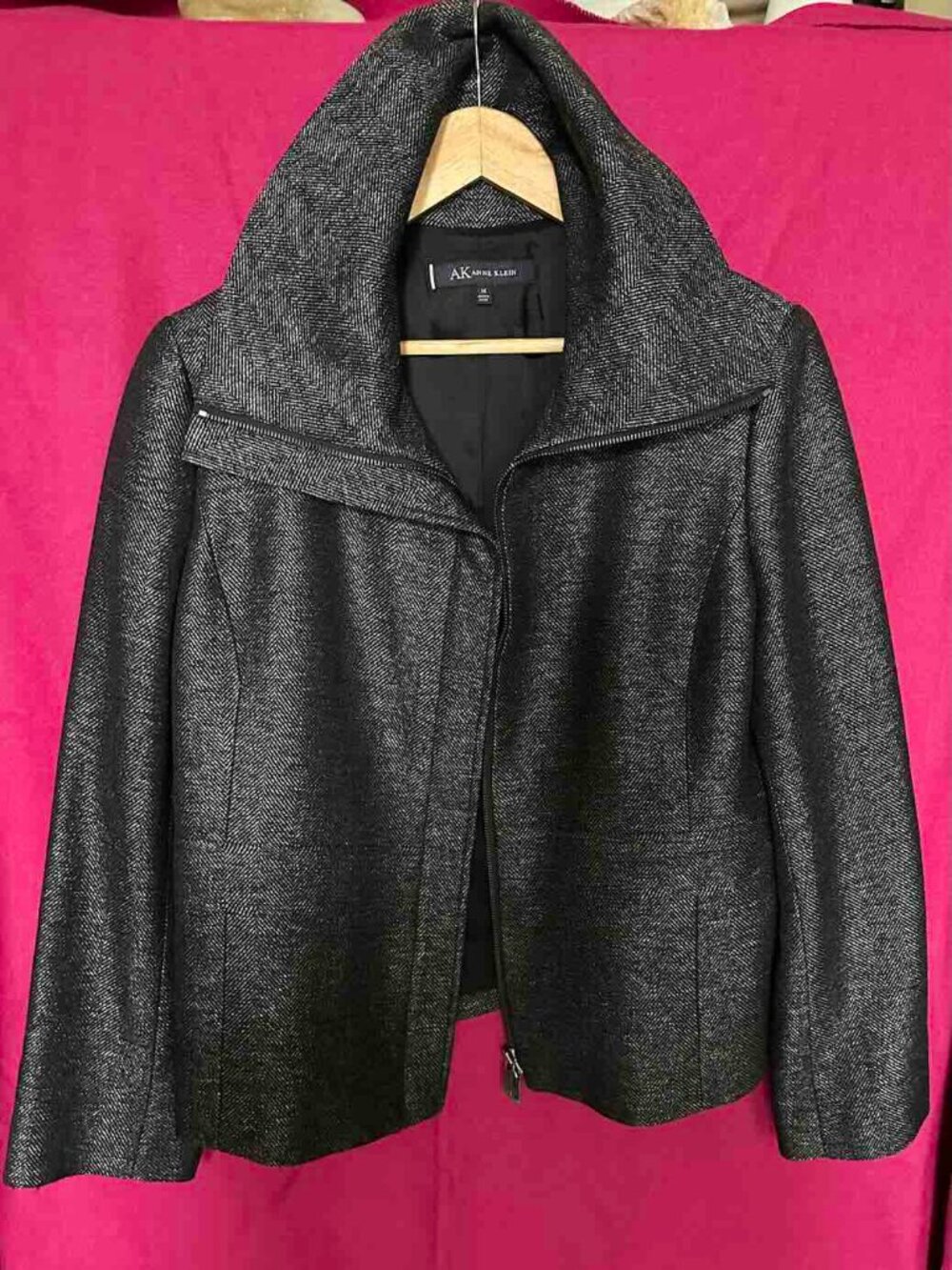 Anne Klein Jacket Women 14 herringbone lined funnel collar Zip Jacket